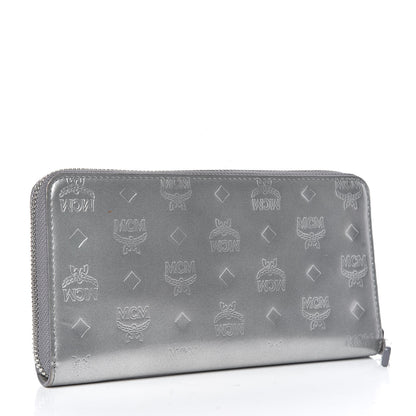 MCM Metallic Monogram Patent Large Zip Around Wallet Silver 3 of 10
