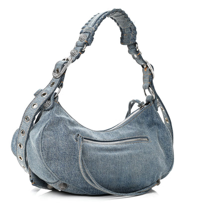 Balenciaga Washed Frayed Denim Crystal Small Le Cagole Shoulder Bag Blue 3 of 13
