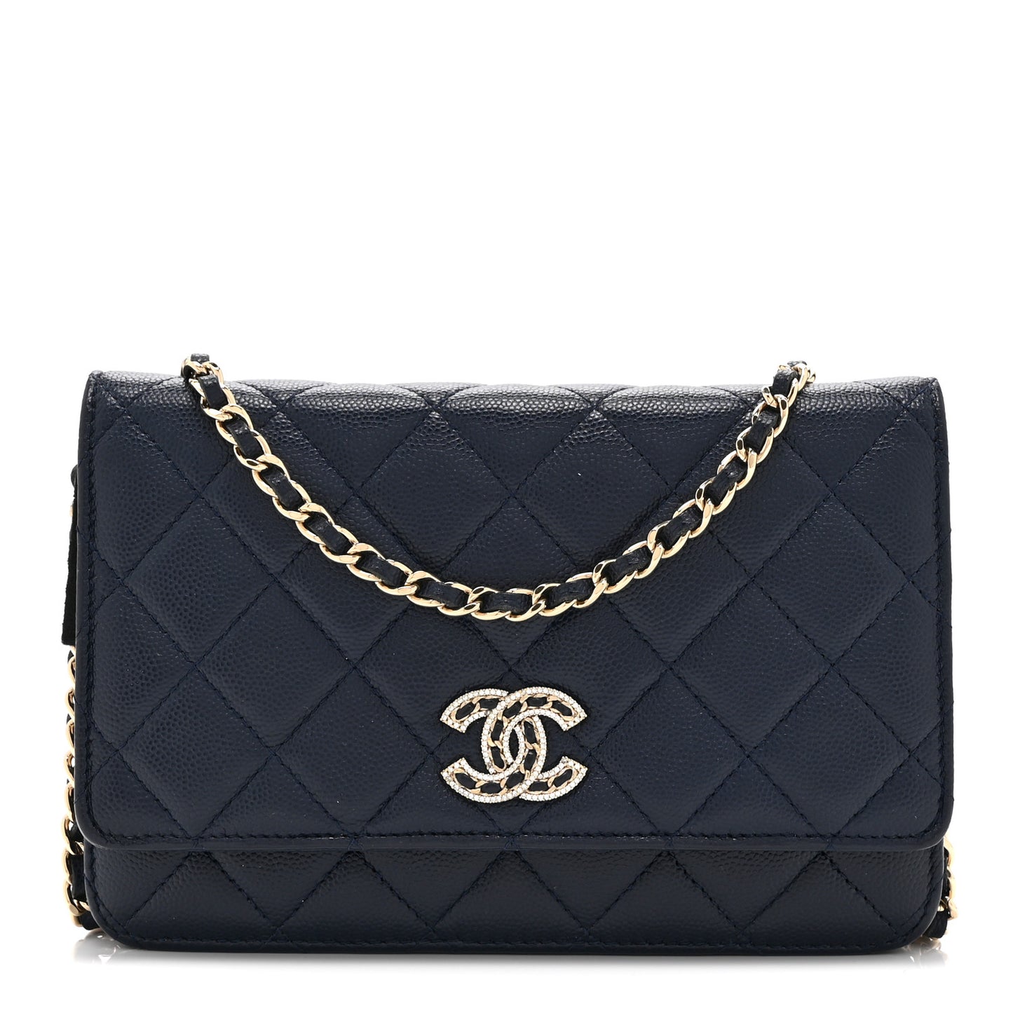 Caviar Quilted Crystal CC Wallet On Chain WOC Navy