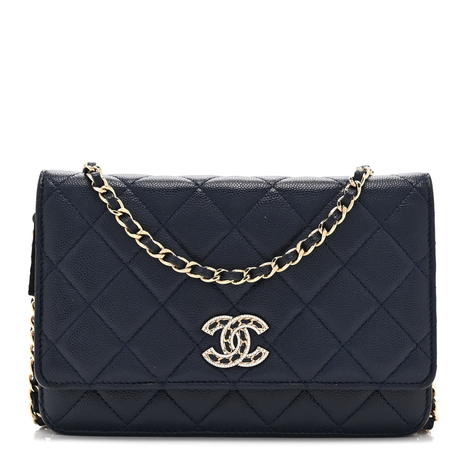 Chanel Caviar Quilted Crystal CC Wallet On Chain WOC Navy 1 of 12