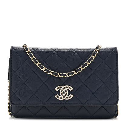 Chanel Caviar Quilted Crystal CC Wallet On Chain WOC Navy 1 of 12