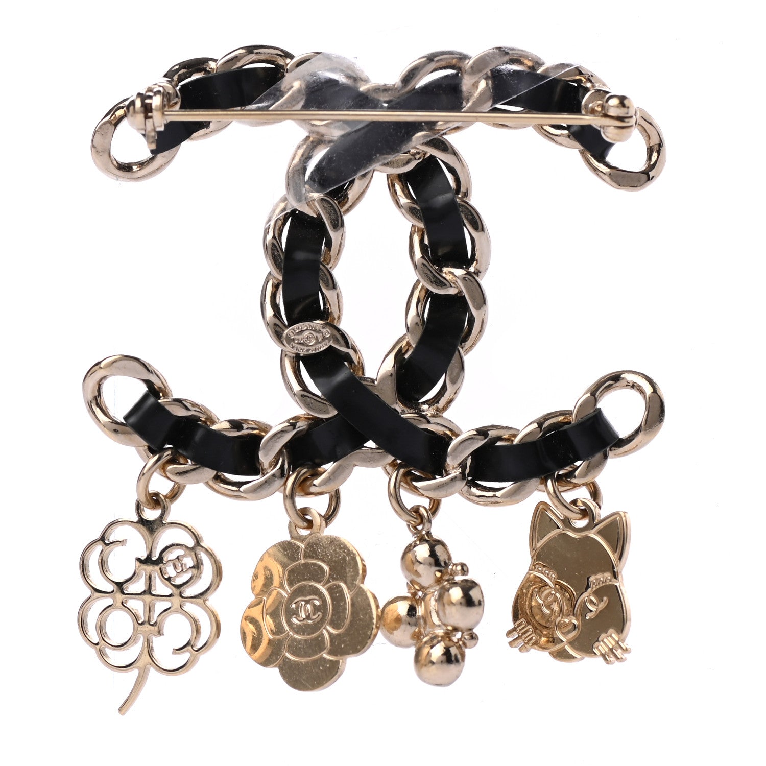 Chanel Lambskin Crystal Chain CC Charms Brooch Black Gold 1 of 4