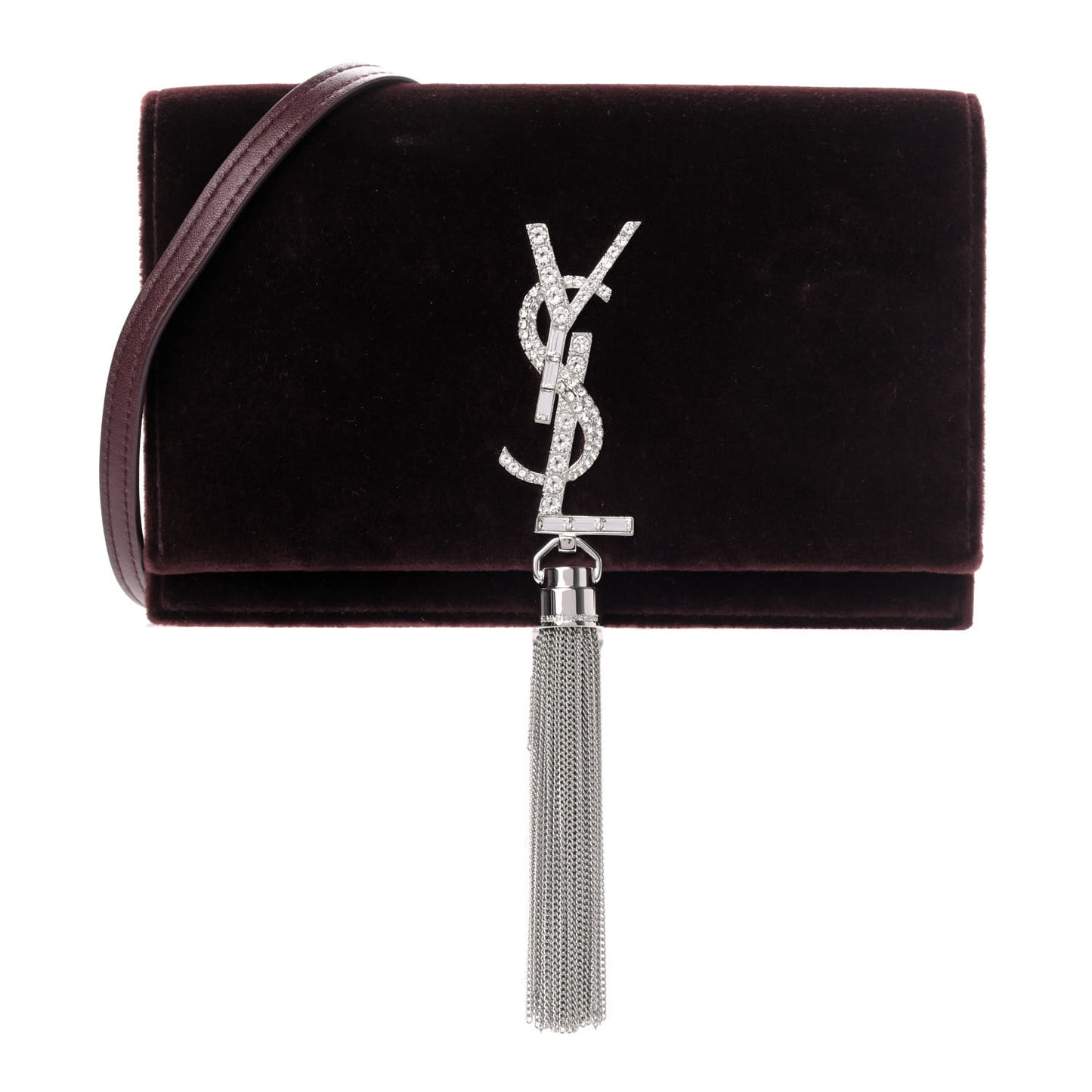 Velvet Crystal Monogram Kate Tassel Shoulder Bag Burgundy