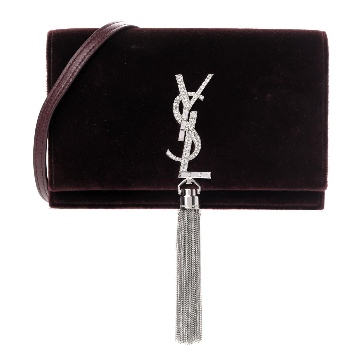 Saint Laurent Velvet Crystal Monogram Kate Tassel Shoulder Bag Burgundy 1 of 4