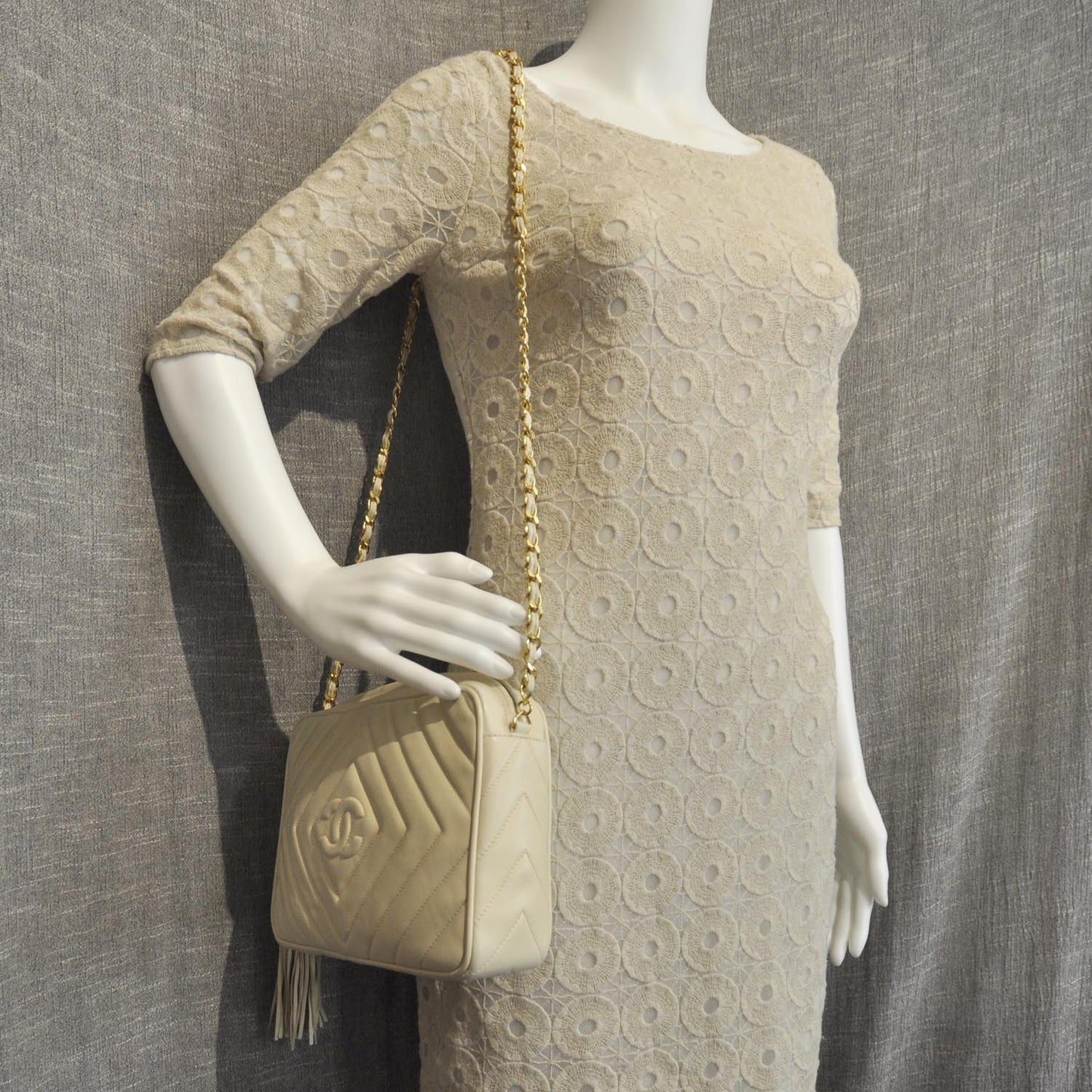 Lambskin Chevron Tassel Camera Case Beige