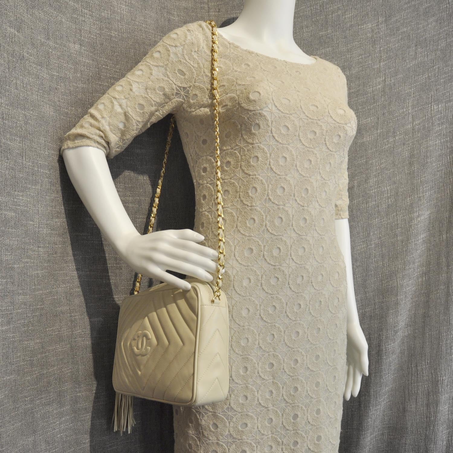 Chanel Lambskin Chevron Tassel Camera Case Beige 2 of 9