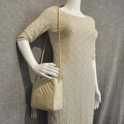 Chanel Lambskin Chevron Tassel Camera Case Beige 2 of 9