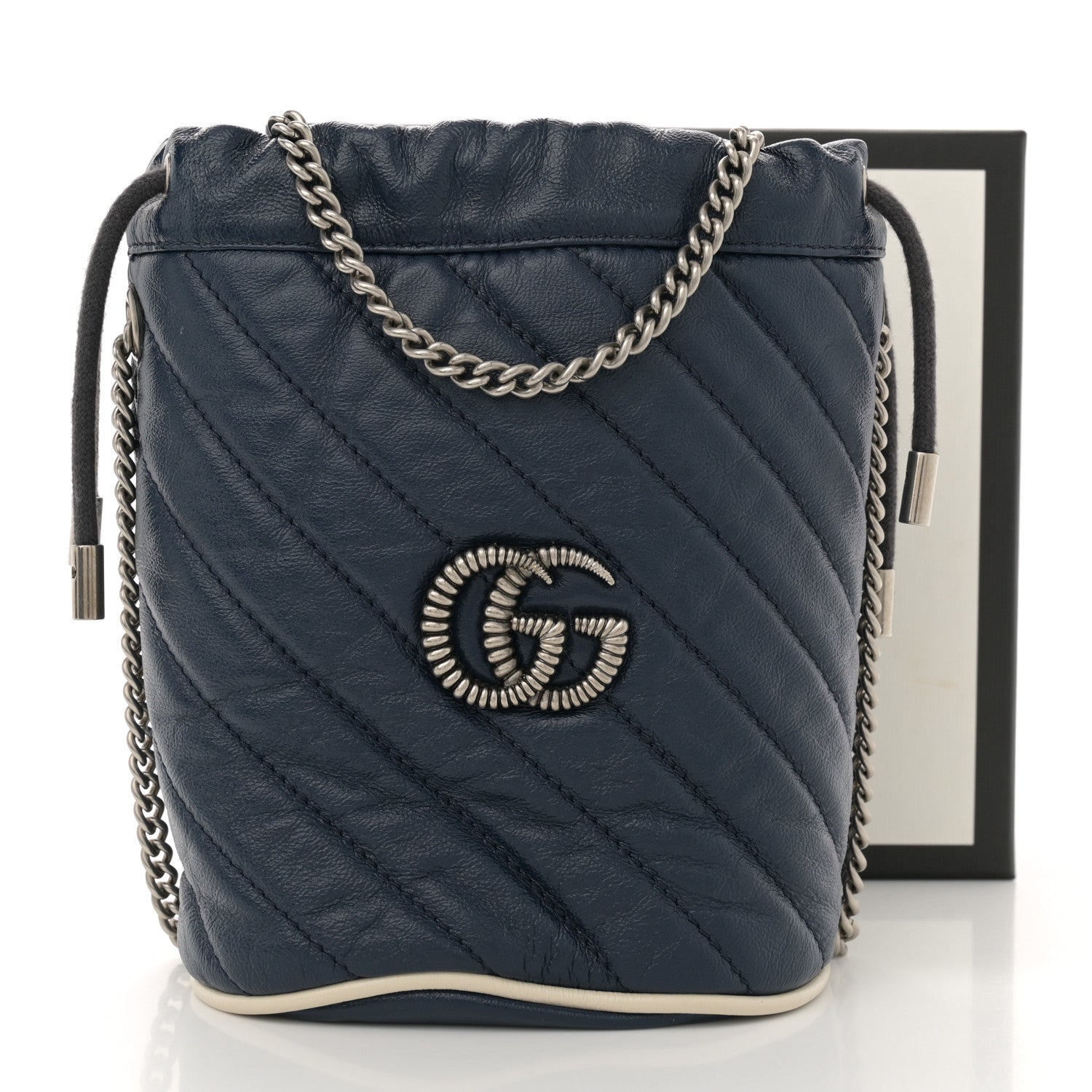 Gucci Vintage Effect Calfskin Matelasse Diagonal Mini Torchon GG Marmont 2.0 Bucket Bag Blue Agata Mystic White 11 of 11