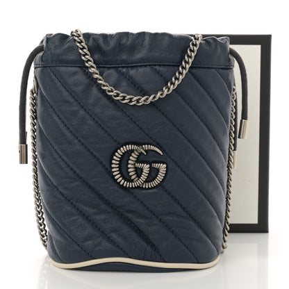 Gucci Vintage Effect Calfskin Matelasse Diagonal Mini Torchon GG Marmont 2.0 Bucket Bag Blue Agata Mystic White 11 of 11