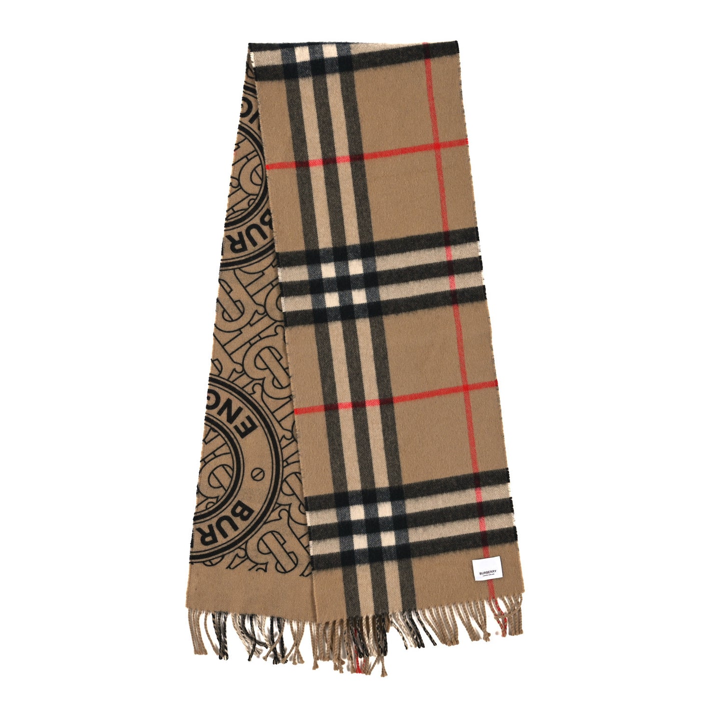 Cashmere Giant Check TB Double Face Fringe Scarf Camel