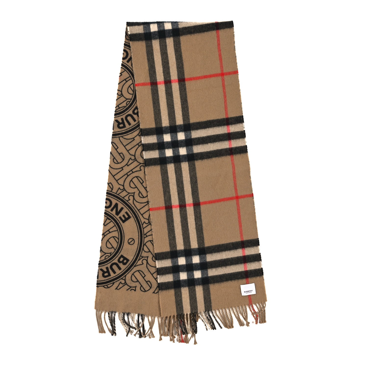 Burberry Cashmere Giant Check TB Double Face Fringe Scarf Camel 2 of 3