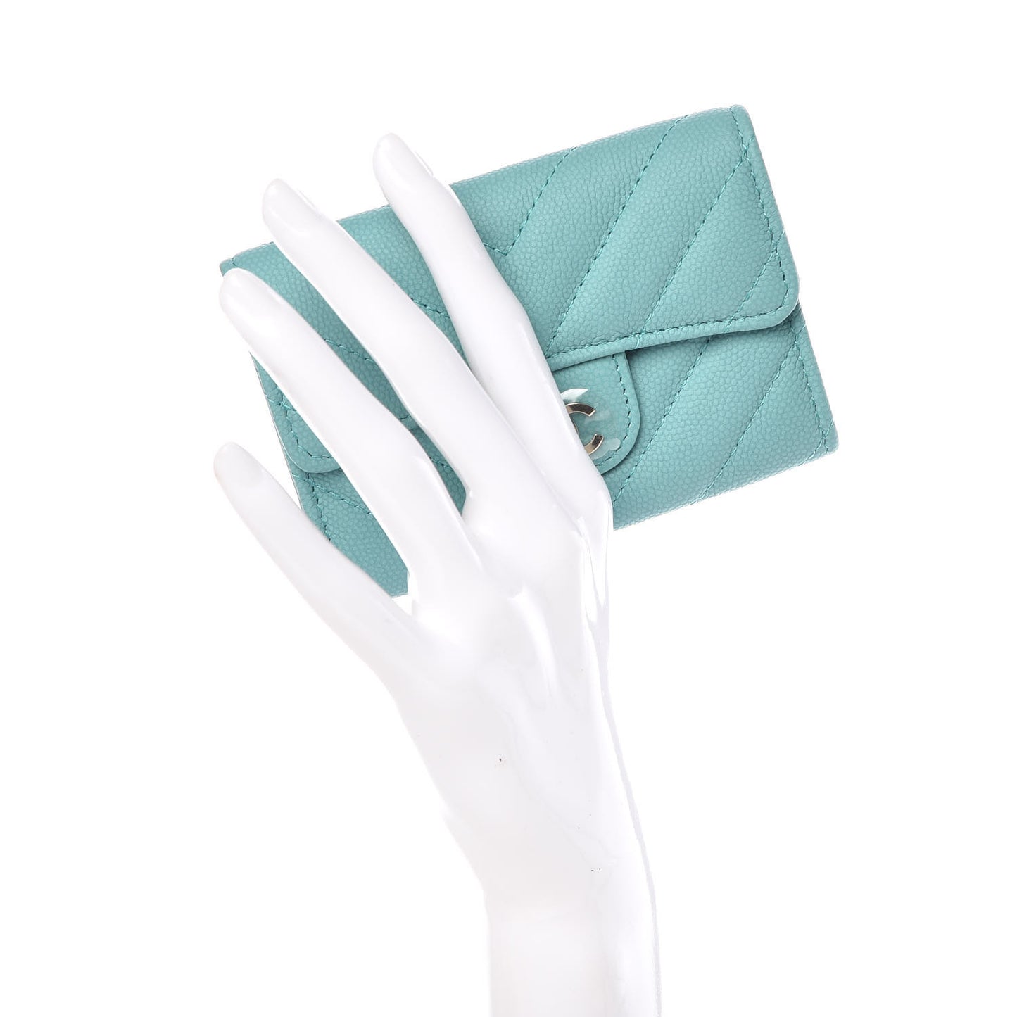 Caviar Chevron Quilted Card Holder Wallet Turquoise