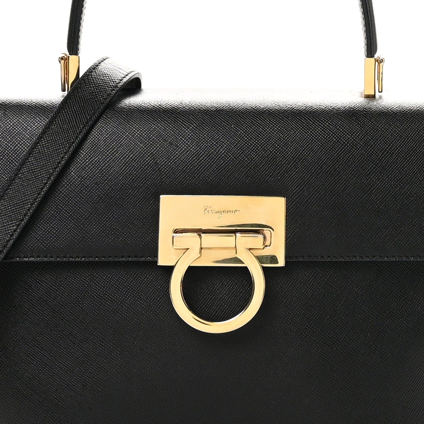 Hammered Calfskin Gancini Top Handle Bag Black