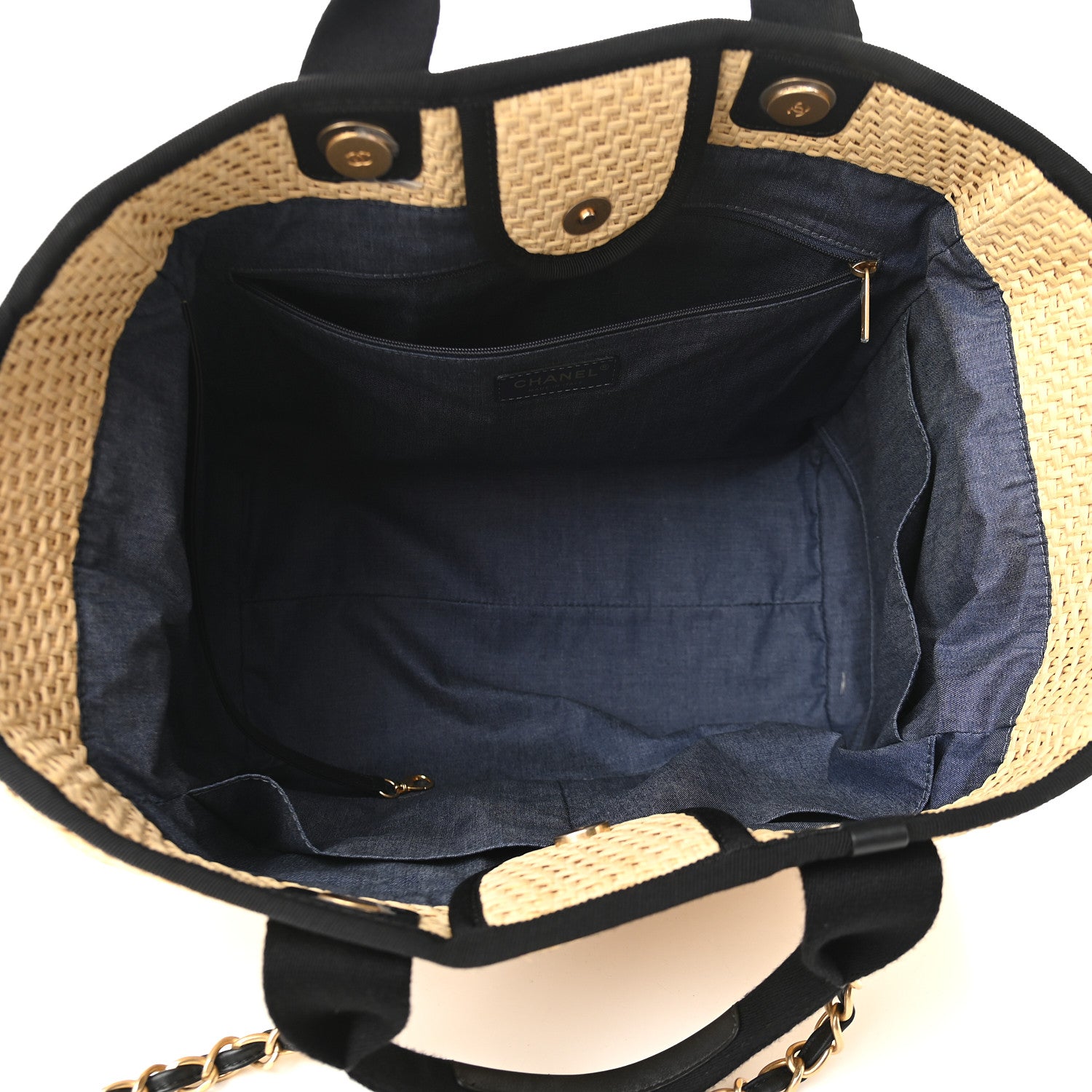 Chanel Straw Raffia Calfskin Chain Medium Deauville Tote Beige Black 5 of 9