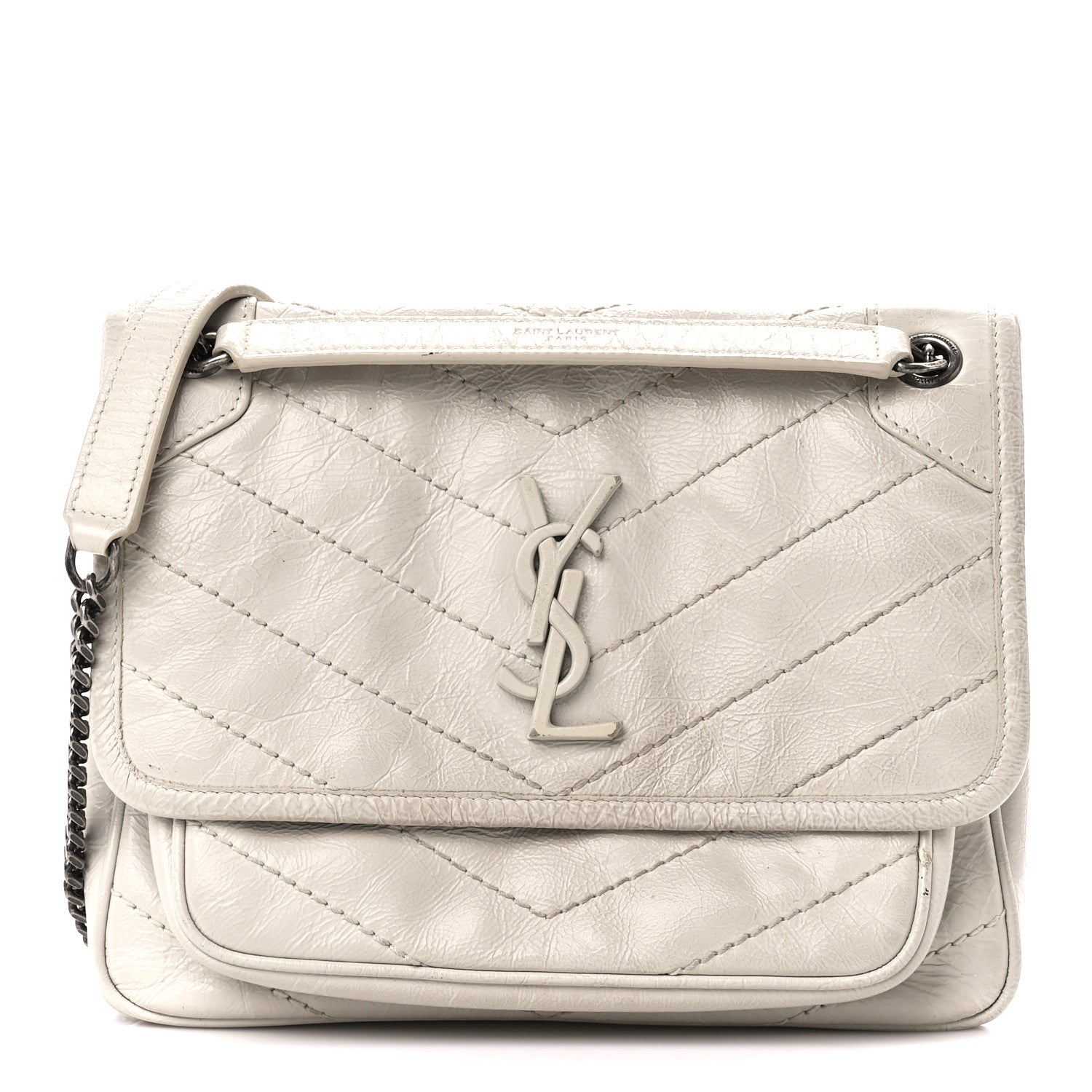 Saint Laurent Crinkled Calfskin Matelasse Monogram Baby Niki Chain Satchel White 1 of 12
