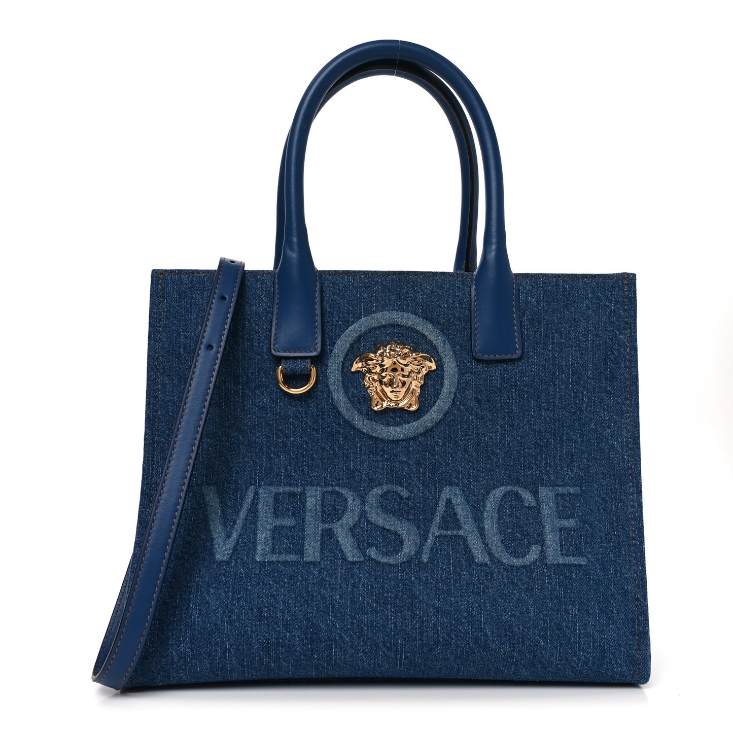 Denim Calfskin La Medusa Small Tote Bag Blue