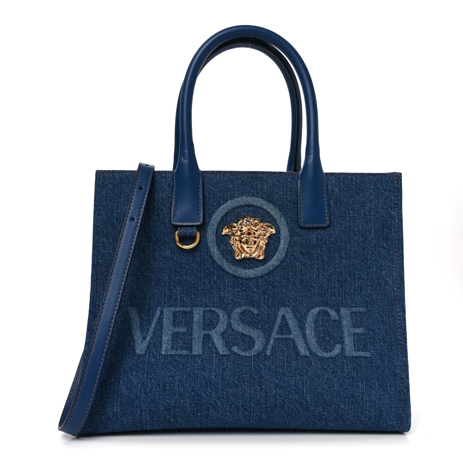 Versace Denim Calfskin La Medusa Small Tote Bag Blue 1 of 9