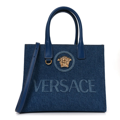 Versace Denim Calfskin La Medusa Small Tote Bag Blue 1 of 9
