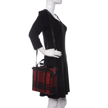 Balenciaga Wool Cuir Arena Plaid Diagonal Allover Logo Matelasse XS Bazar Shopper Tote Red Black 2 of 9