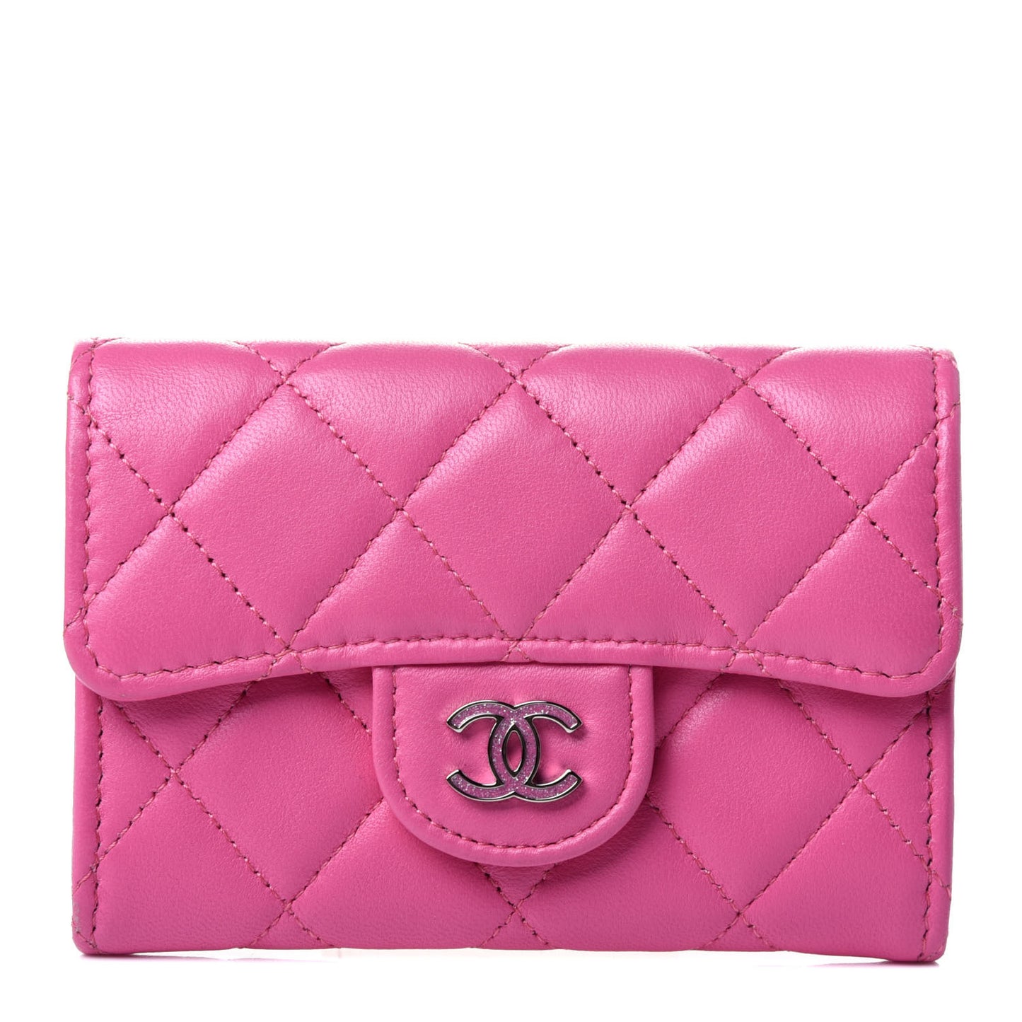 Lambskin Quilted Flap Card Holder Pink