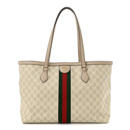 Gucci GG Supreme Monogram Textured Dollar Calfskin Web Large Ophidia Shopping Tote Beige Mystic White Oatmeal 1 of 10
