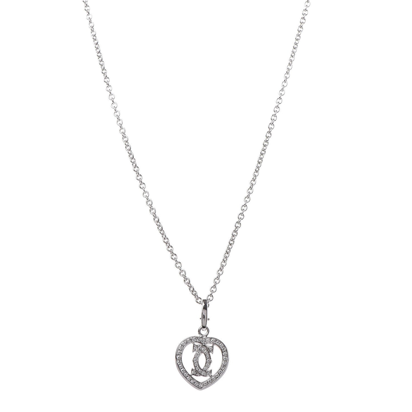 18K White Gold Diamond Heart Double C Pendant Necklace