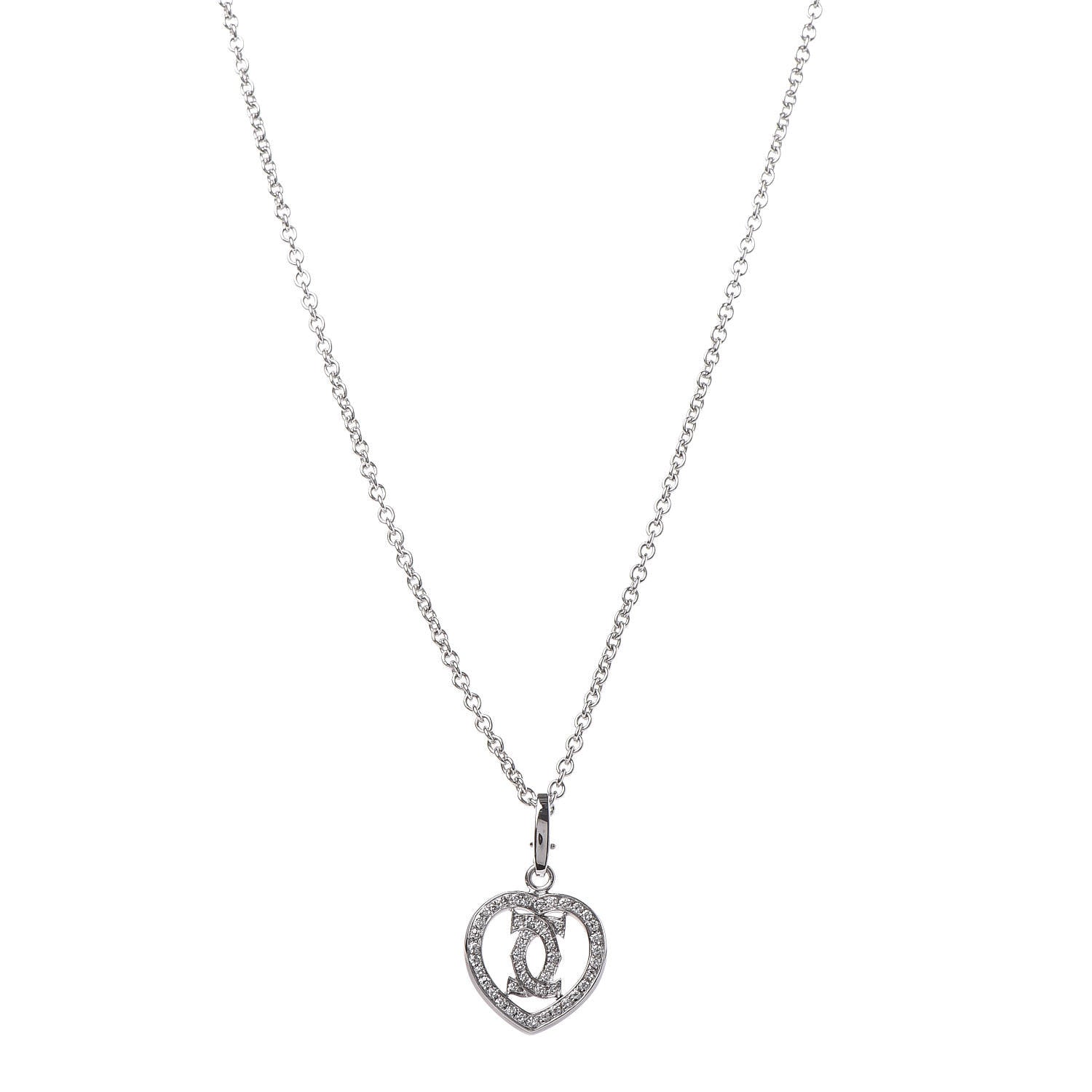 Cartier 18K White Gold Diamond Heart Double C Pendant Necklace 1 of 9