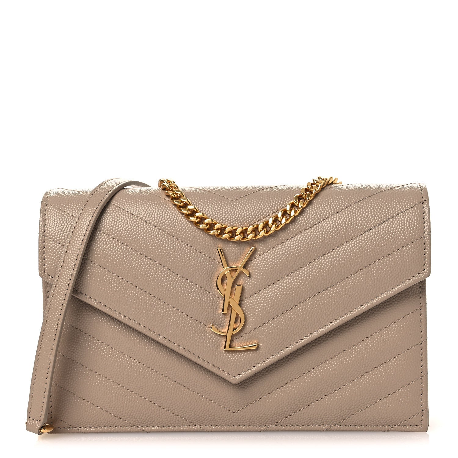 Saint Laurent Grain De Poudre Matelasse Chevron Monogram Envelope Chain Wallet Dark Beige 1 of 11
