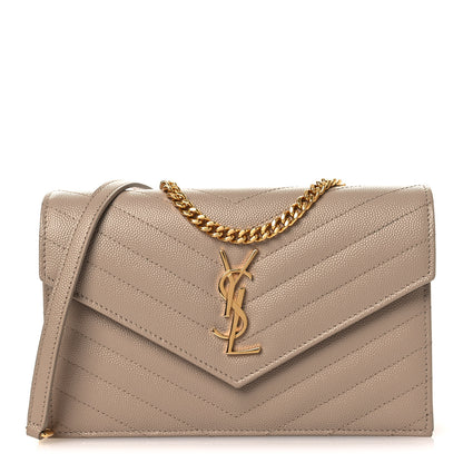 Saint Laurent Grain De Poudre Matelasse Chevron Monogram Envelope Chain Wallet Dark Beige 1 of 11