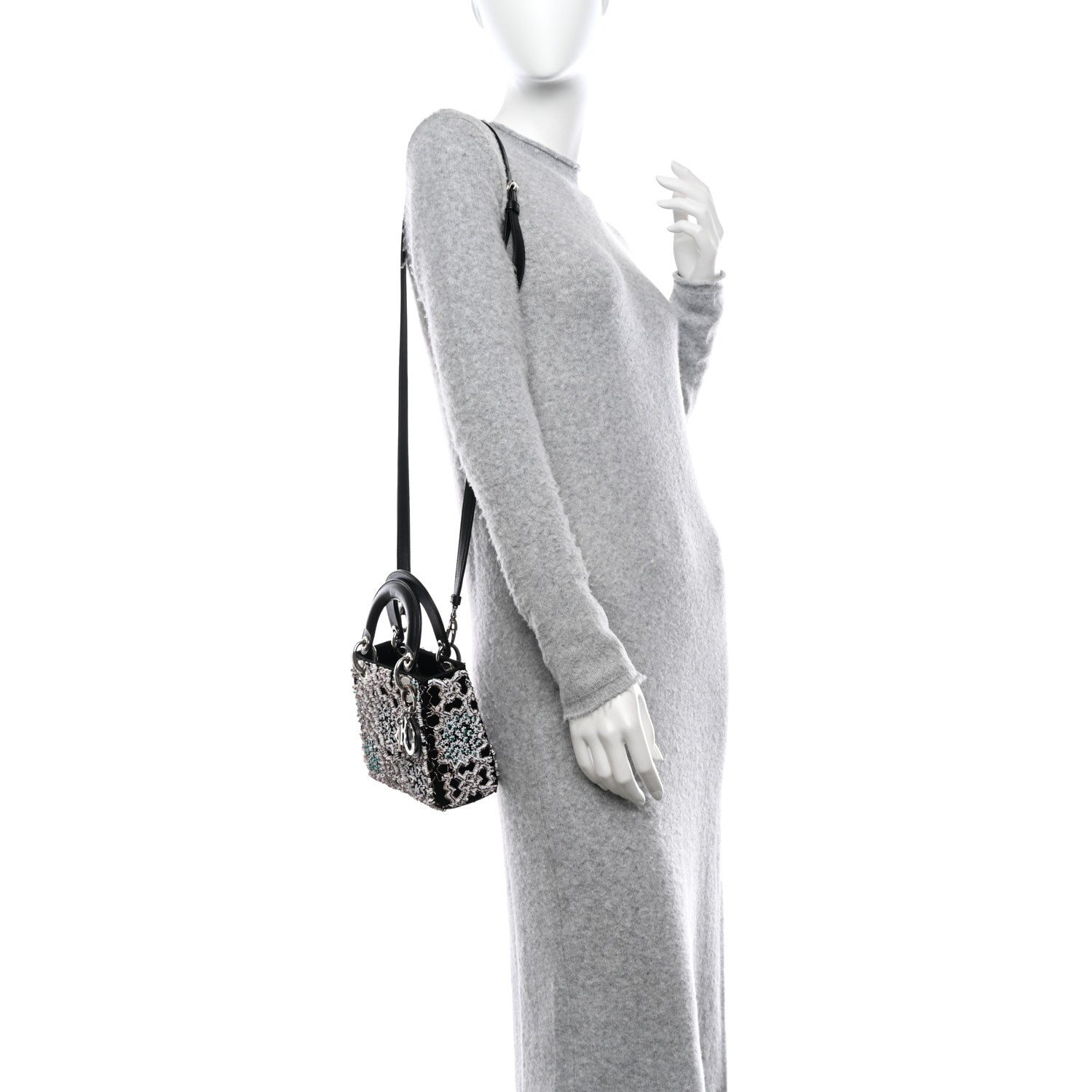 Christian Dior Satin Beaded Embroidered Mini Lady Dior Black White 2 of 9