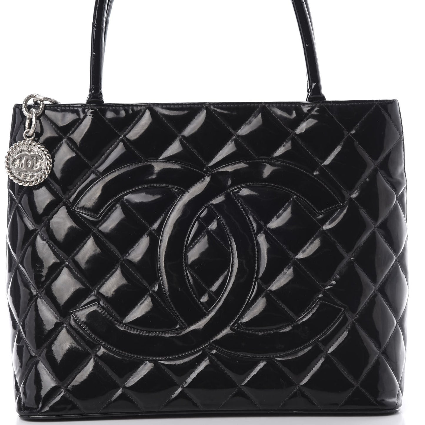 Patent Quilted Medallion Tote Black