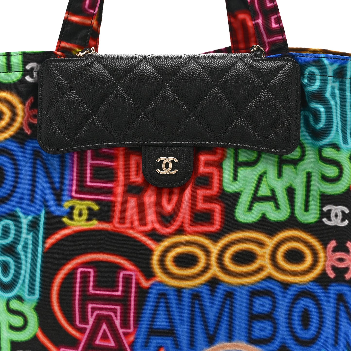 Caviar Fabric Graffiti Foldable Tote Bag With Chain Black Multicolor