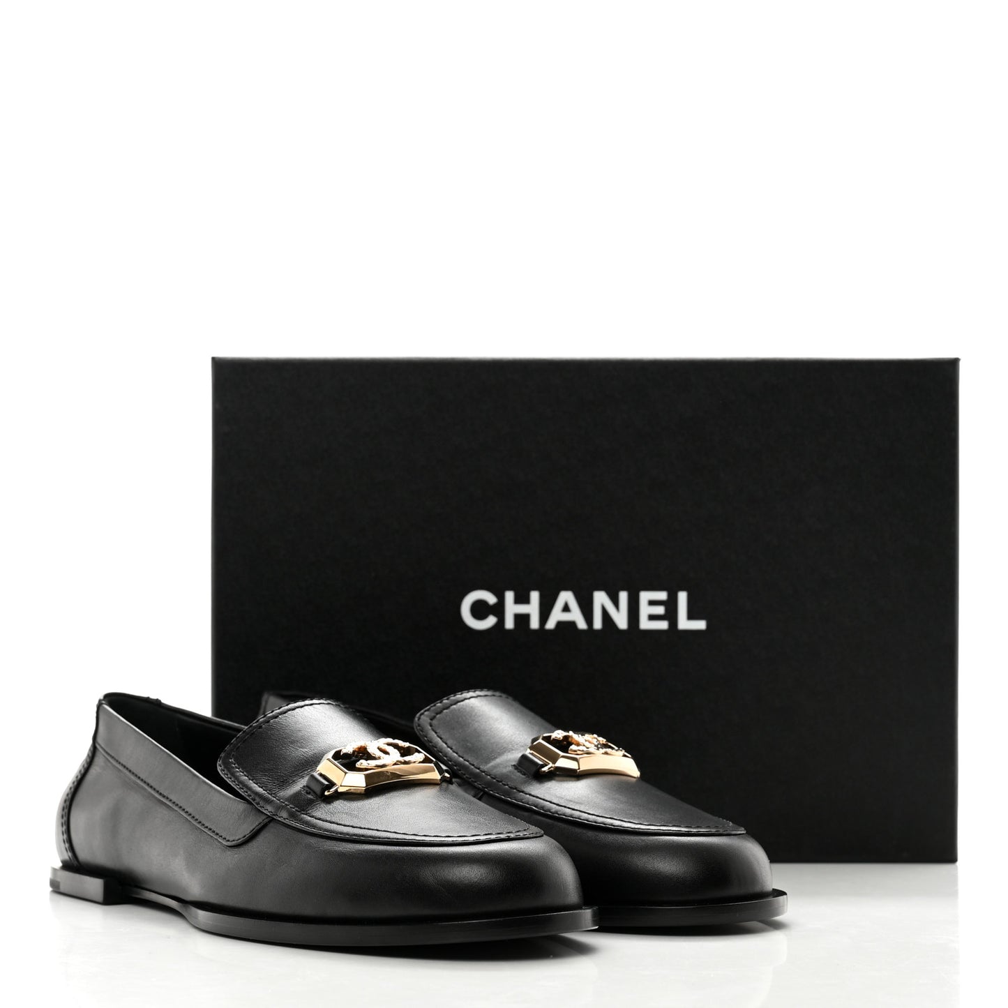 Shiny Calfskin Metal CC Mocassin Loafers 40.5 Black