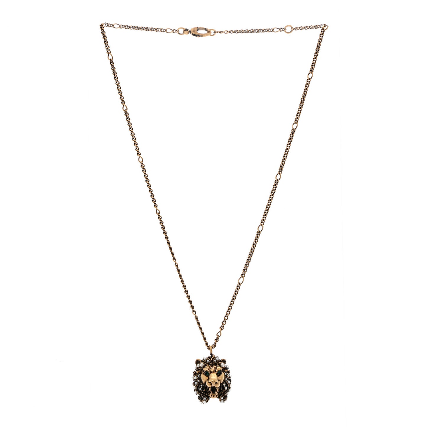 Metal Pearl Crystal Lion Head Necklace Aged Gold Multicolor