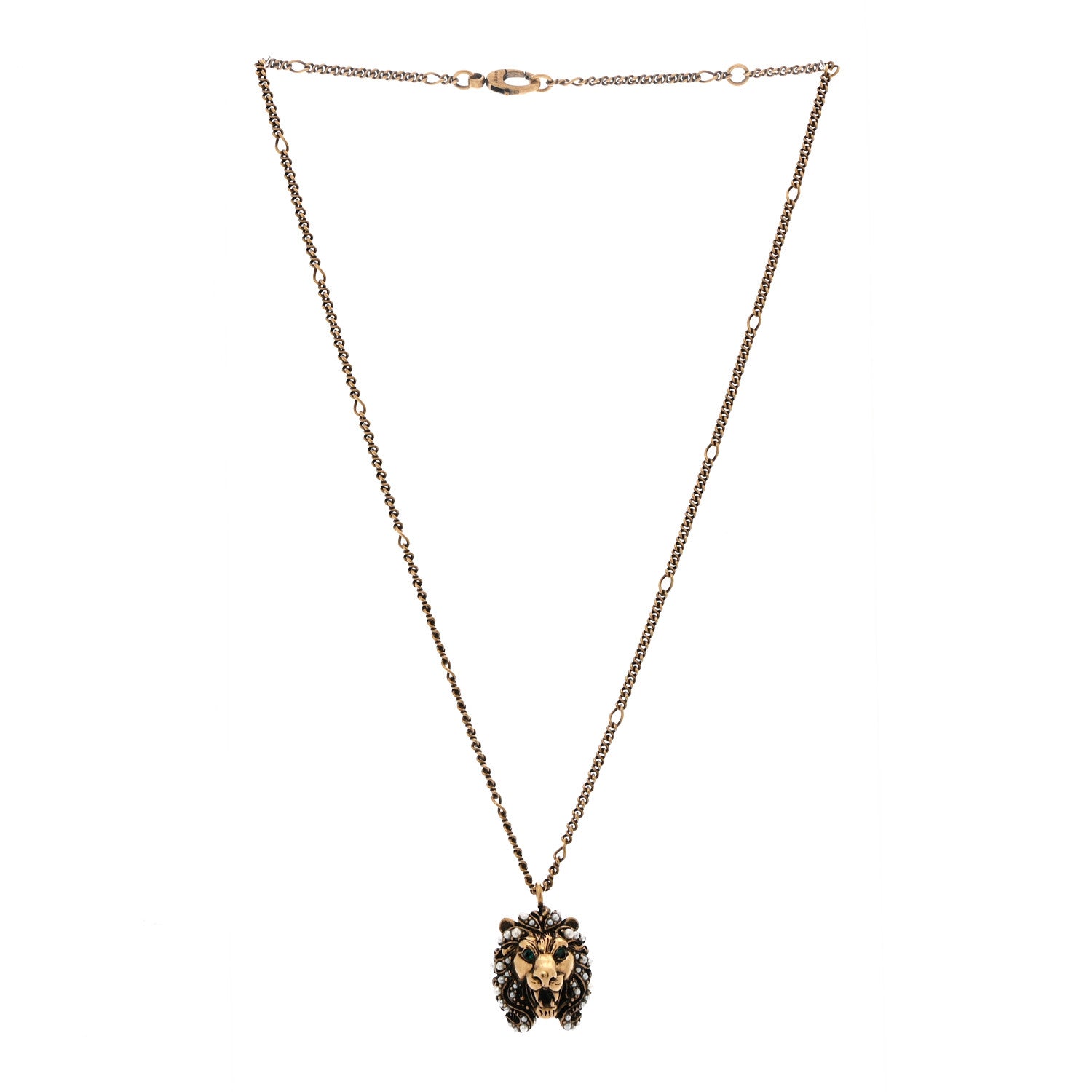 Gucci Metal Pearl Crystal Lion Head Necklace Aged Gold Multicolor 3 of 7