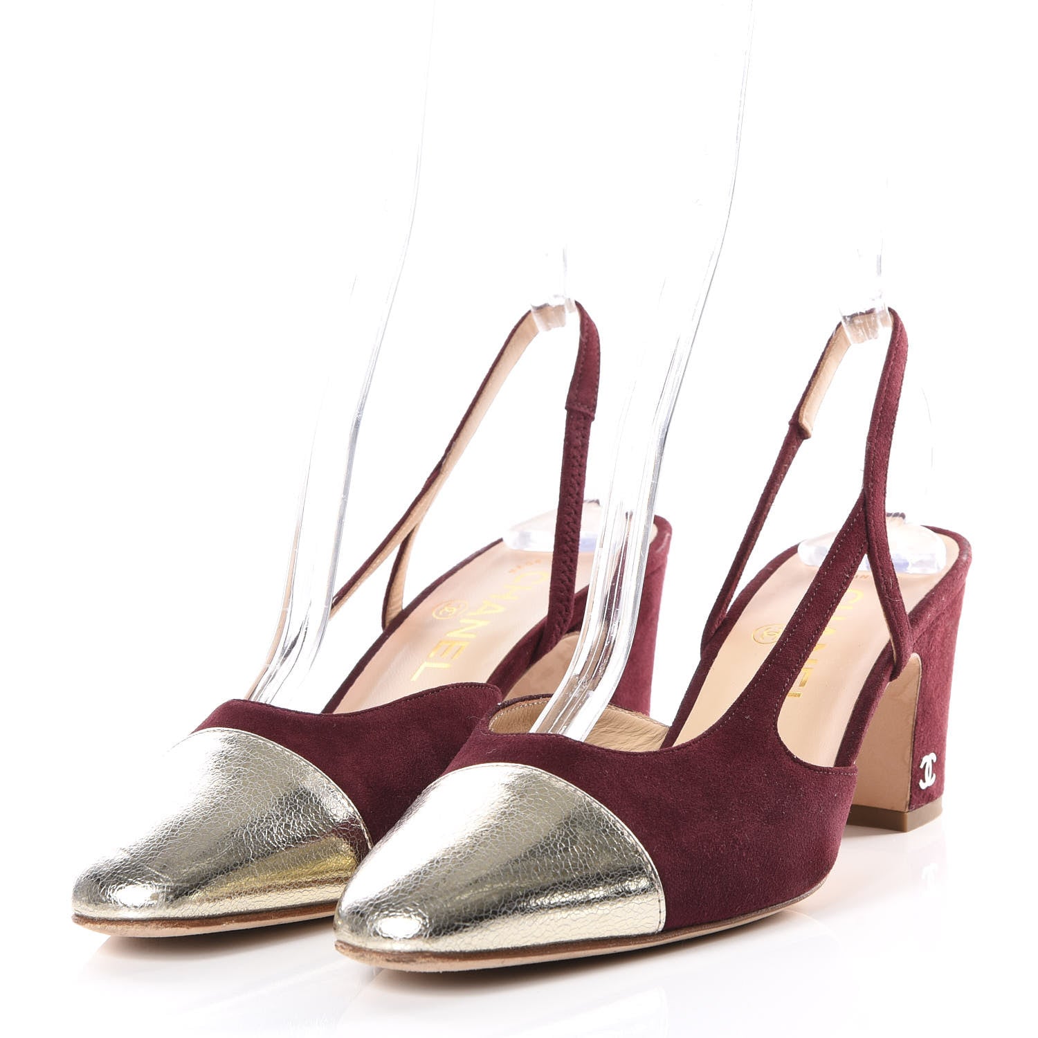 Chanel Kid Suede Metallic Lambskin Cap Toe CC Slingback Pumps 37.5 Burgundy Gold 2 of 8
