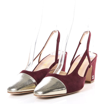 Chanel Kid Suede Metallic Lambskin Cap Toe CC Slingback Pumps 37.5 Burgundy Gold 2 of 8