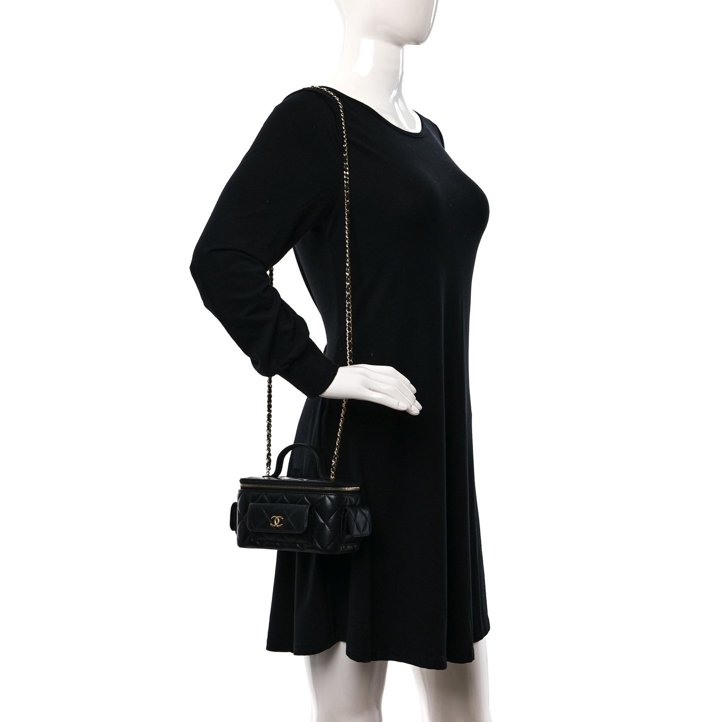 Lambskin Quilted Polly Pocket East West Top Vanity With Chain Black