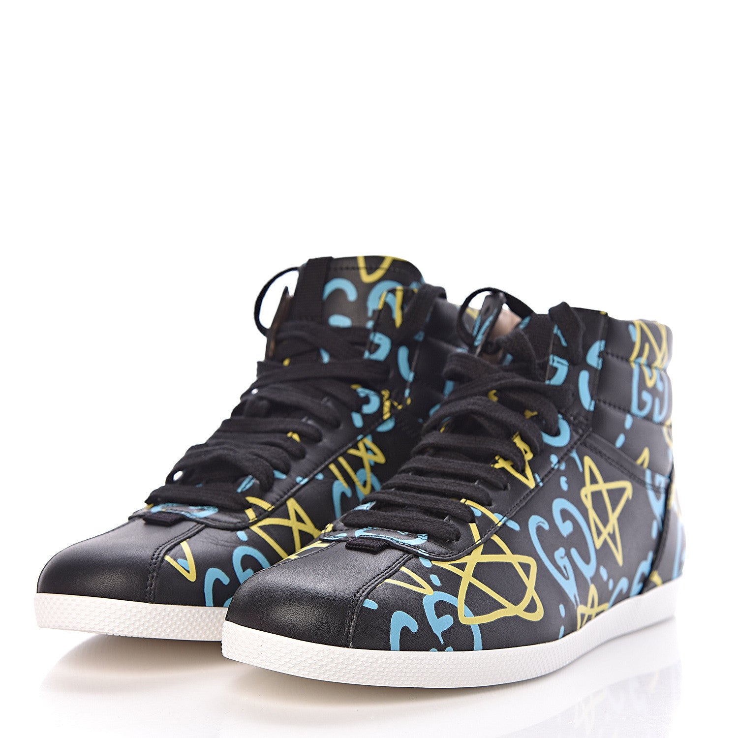 Gucci Calfskin GucciGhost Print Womens High Top Sneakers 37 Black New Acquamarine 3 of 9