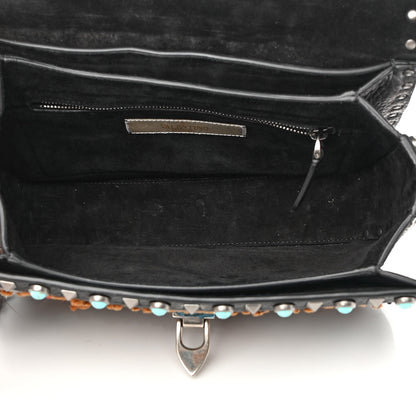 Valentino Garavani Calfskin Embroidered Medium Guitar Strap Rockstud Rolling Flap Saddle Bag Black 5 of 16