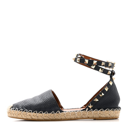 Valentino Garavani Grained Calfskin Rockstud Ankle Wrap Espadrille 20mm Flats 35 Navy 1 of 10