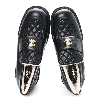 Chanel Lambskin Shearling Quilted CC Turnlock Loafers 39 Black 2 of 8