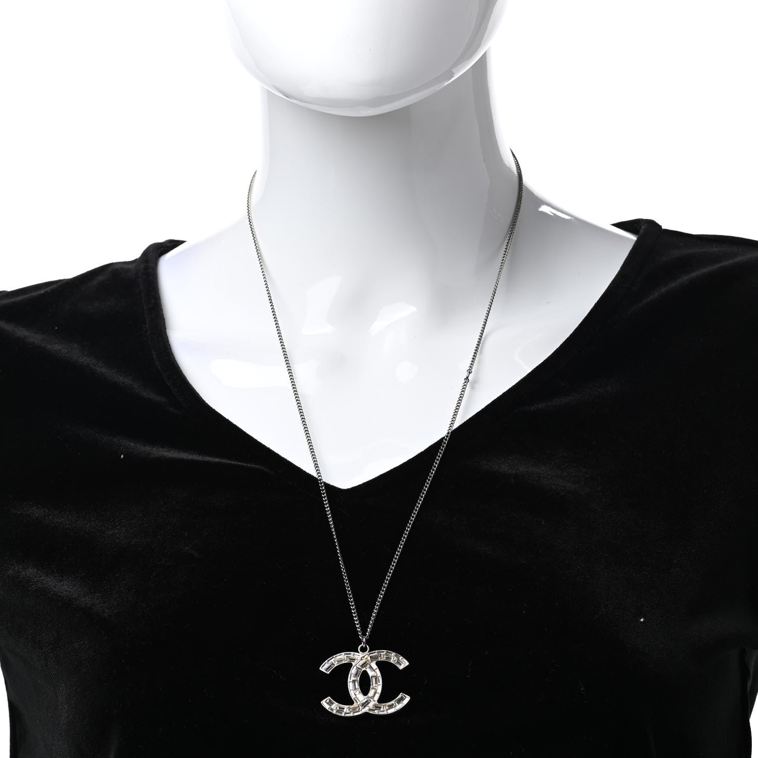 Chanel Baguette Crystal CC Necklace Silver 3 of 12