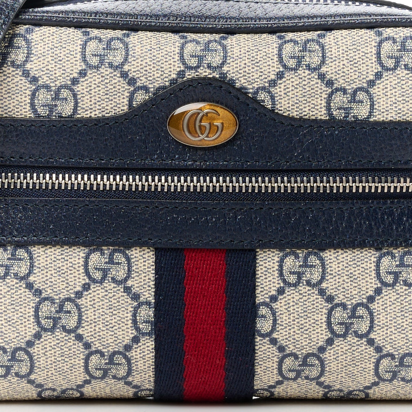 GG Supreme Monogram Textured Dollar Calfskin Web Mini Ophidia Shoulder Bag Beige Blue