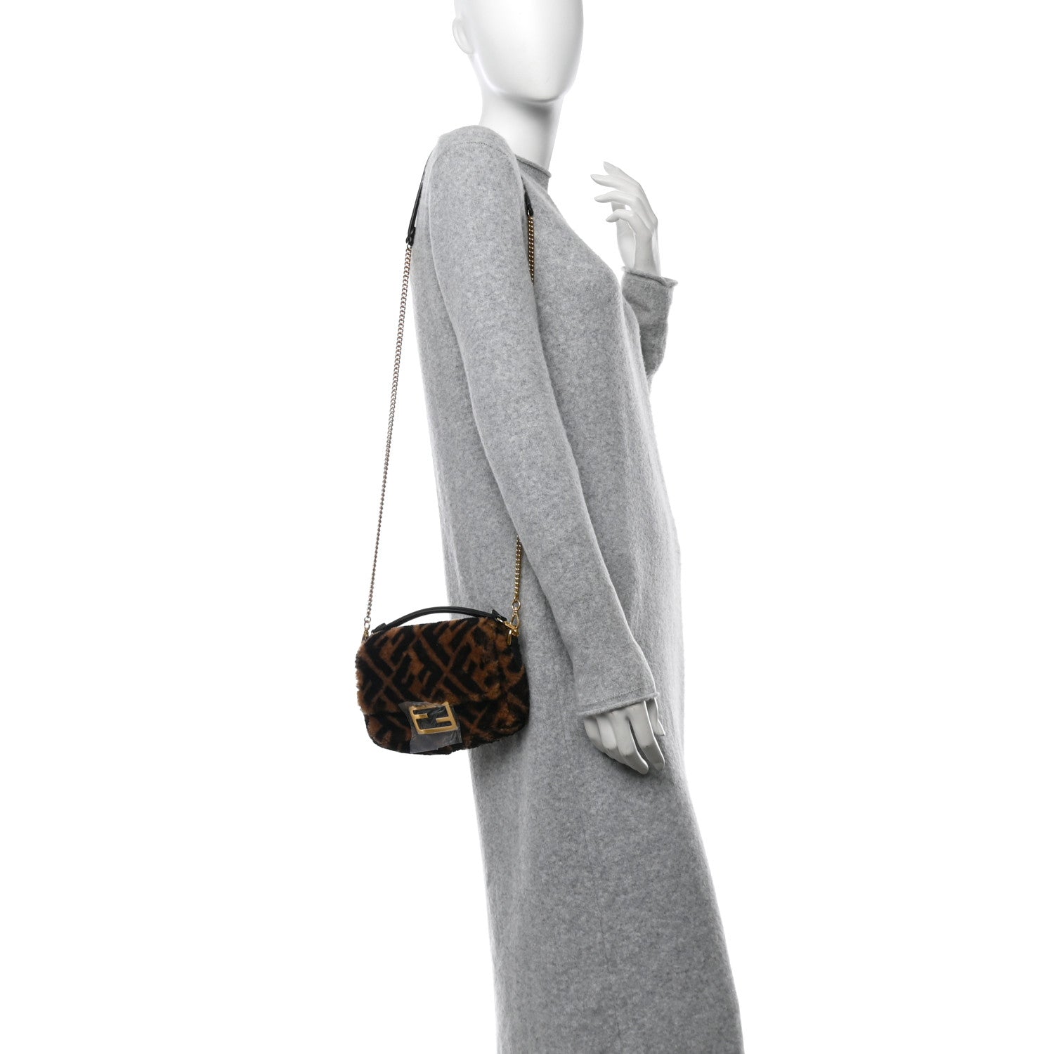 Fendi Shearling Vitello Dolce Macro FF 1974 Mini Baguette Tobacco Black 2 of 10