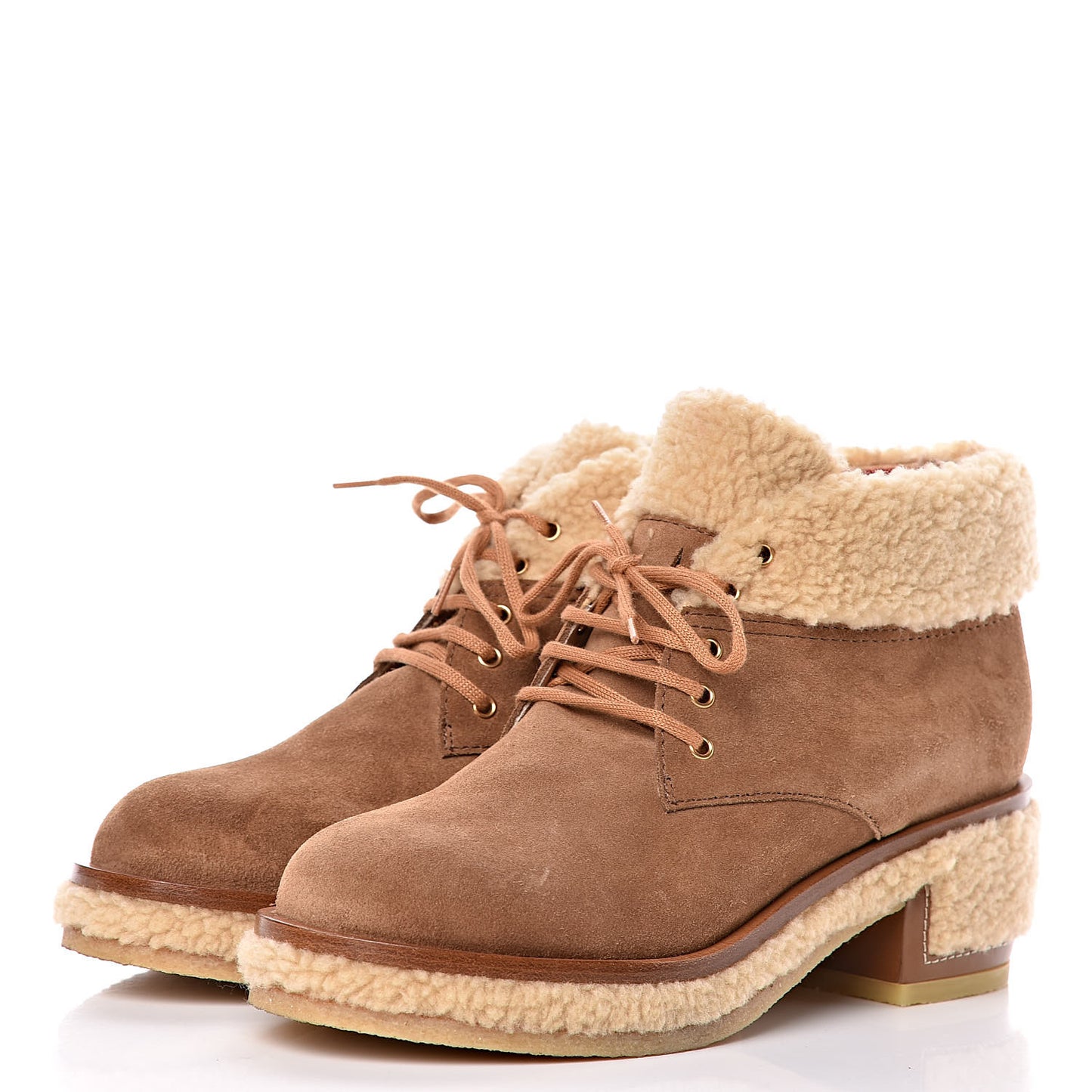 Shearling Suede Calfskin Womens Lace Up Ankle Boots 37.5 Brown Beige