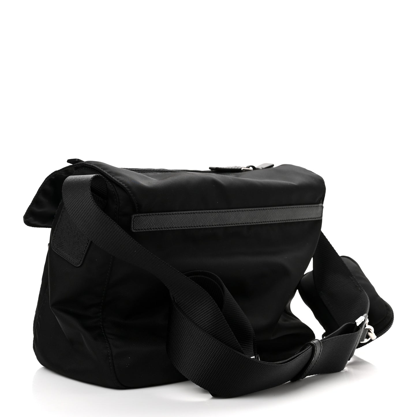Re-Nylon Vela Saffiano Pocket Double Buckle Messenger Shoulder Bag Black