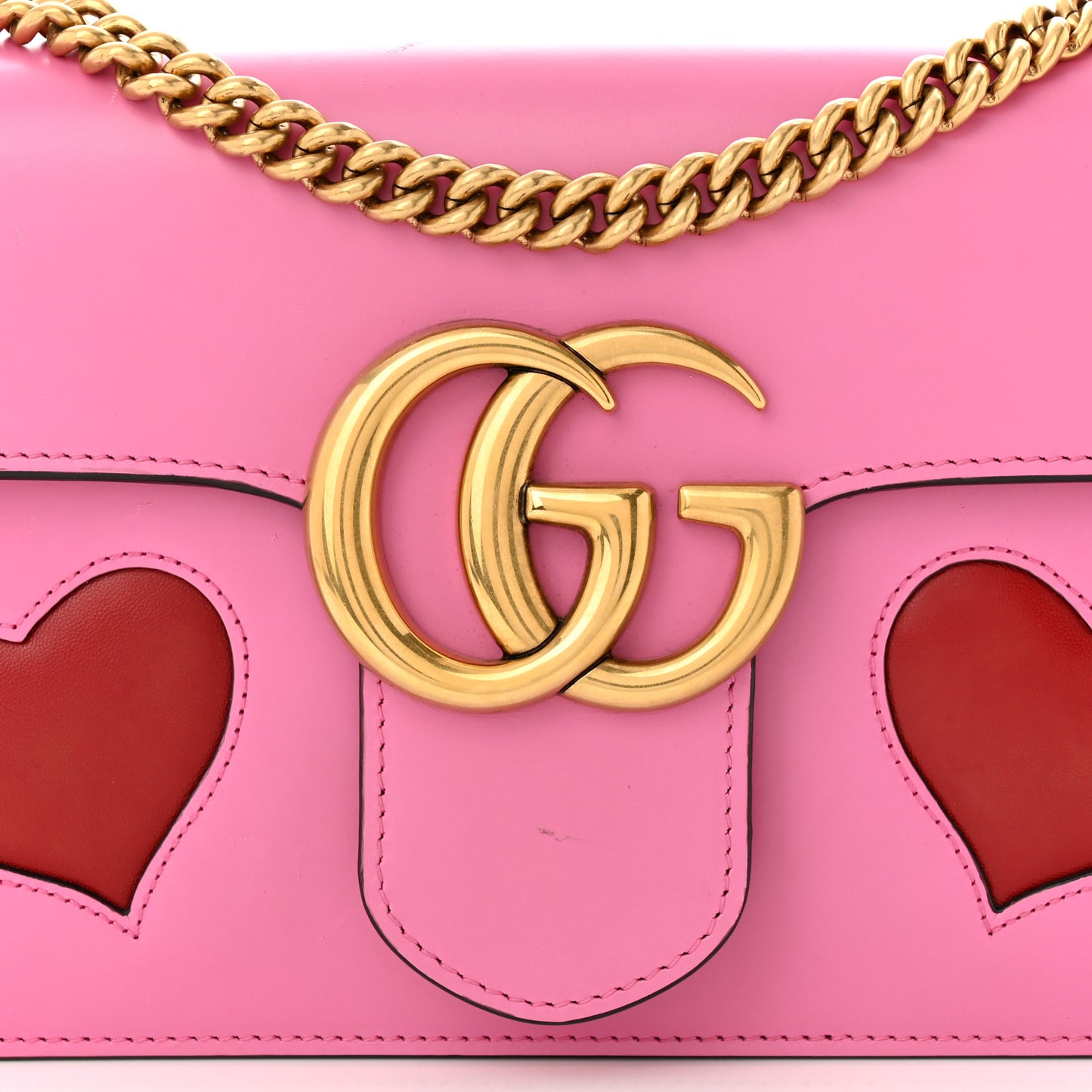 Knight Calfskin Malaga Kid Heart Medium GG Marmont Chain Handle Bag Tropical Pink Flower Hibiscus Red Multicolor