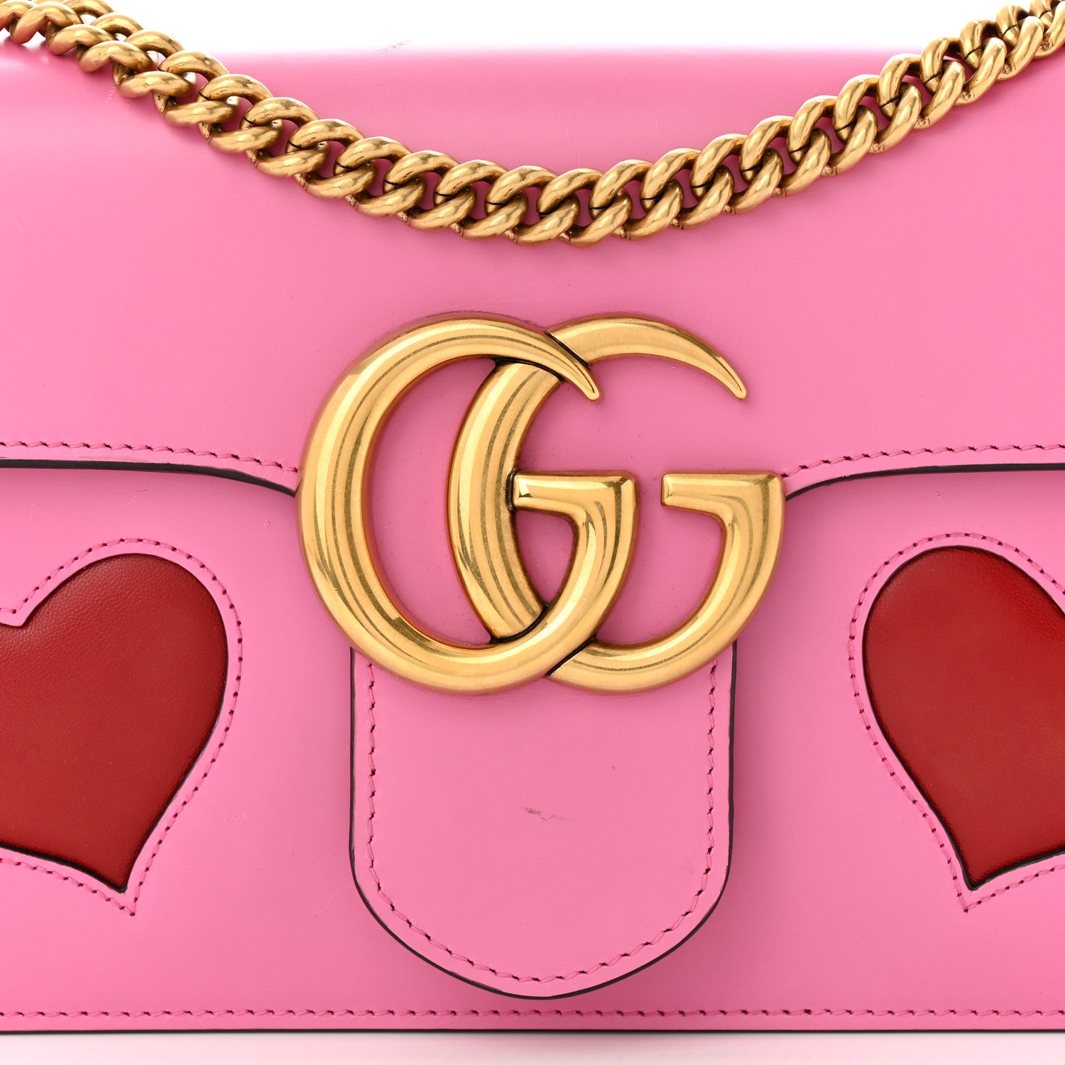 Gucci Knight Calfskin Malaga Kid Heart Medium GG Marmont Chain Handle Bag Tropical Pink Flower Hibiscus Red Multicolor 8 of 16