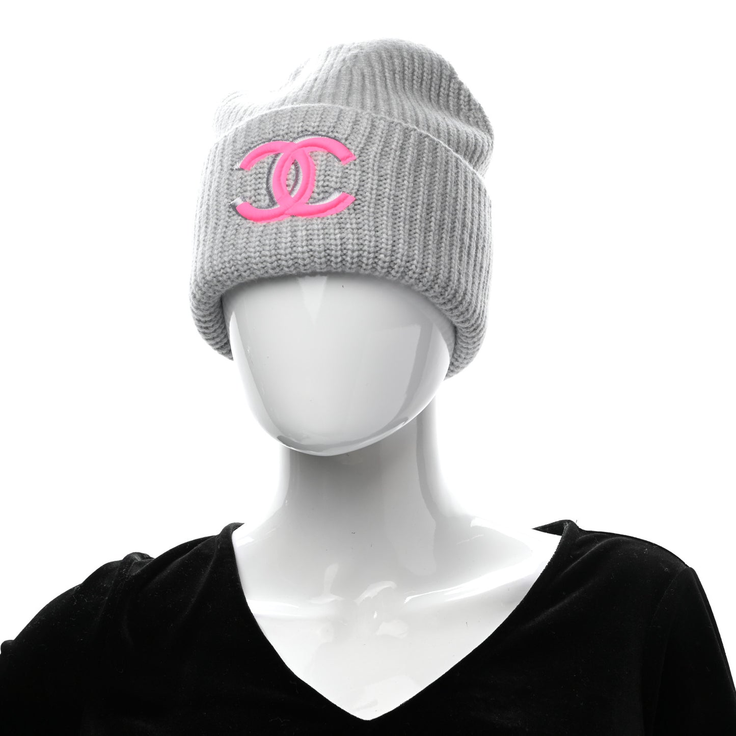 Wool Cashmere CC Beanie Hat Light Grey Fuchsia